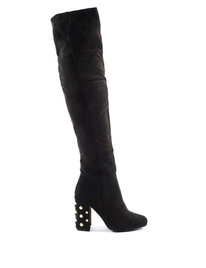 Devoted Pearl Block Heel Over The Knee Boots in Black Faux Suede