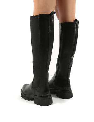 Action Black PU Knee High Chunky Sole Boots
