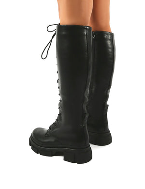 Cameo Black Chunky Sole Lace Up Knee High Boots
