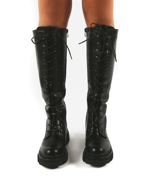 Cameo Black Chunky Sole Lace Up Knee High Boots