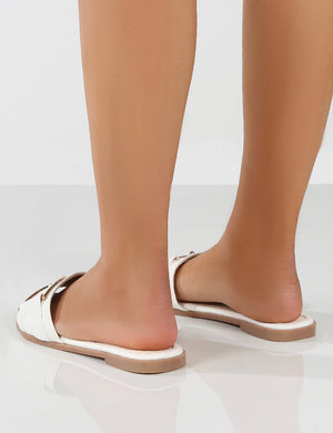 Adriana White Croc Gold Buckle Detail Flat Sandals