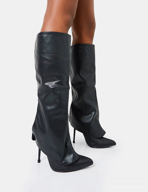 All Yours Black Pu Fold Over Pointed Toe Stiletto Knee High Boots