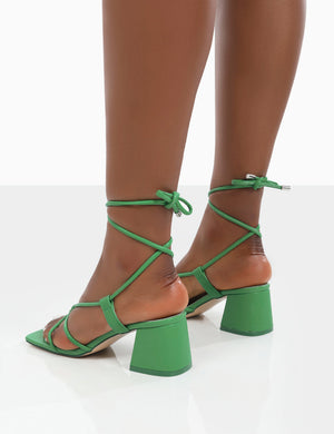 Aloha Wide Fit Green PU Lace Up Block Mid Heeled Sandals