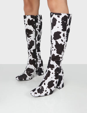 Apology Mono Cow Print Knee High Block Heel Boots