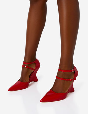 Aspiration Red Patent Strappy Pointed Toe Platform Cut Out Wedge Heels