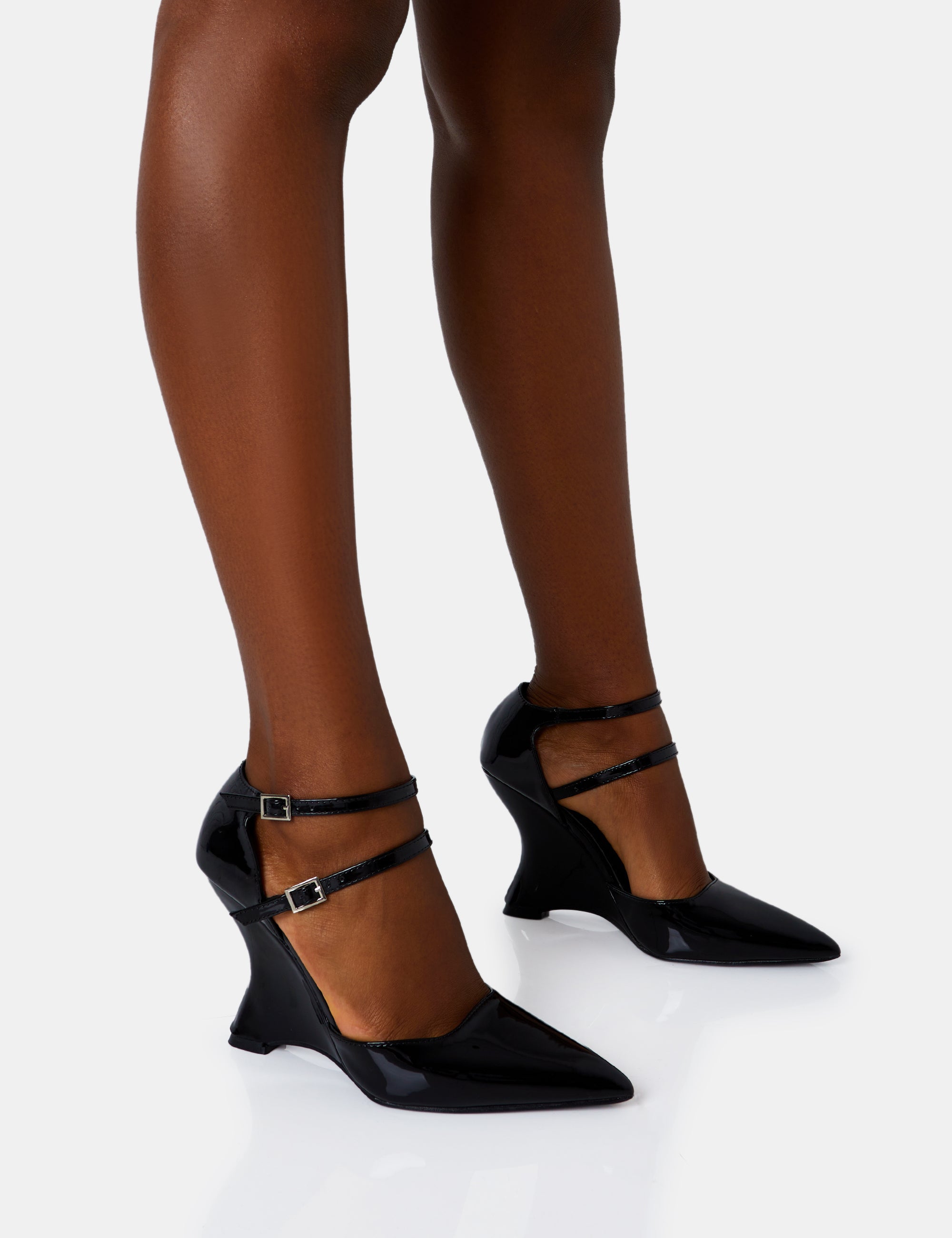 Aspiration Black Patent Strappy Pointed Toe Platform Cut Out Wedge Heels