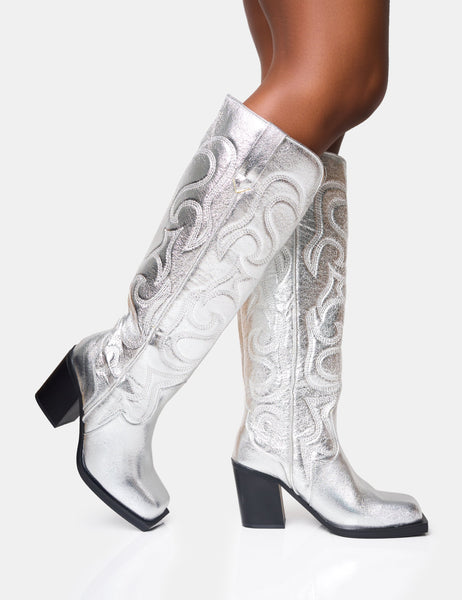 111826 Buckle Detail Square Toe Knee High Chunky Biker Boots | boohoo