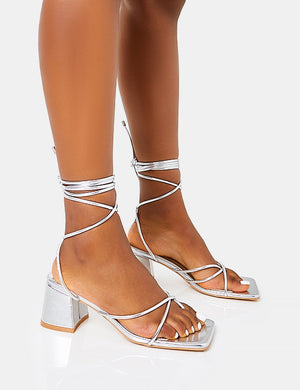 Aerin Wide Fit Silver Metallic Lace up Strappy Square Toe Block Mid Heels