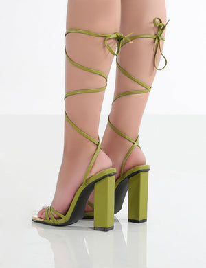 Amira Olive Green PU Lace Up Block Heels