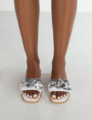 Ark White Chunky Chain Detail Slide Sandals