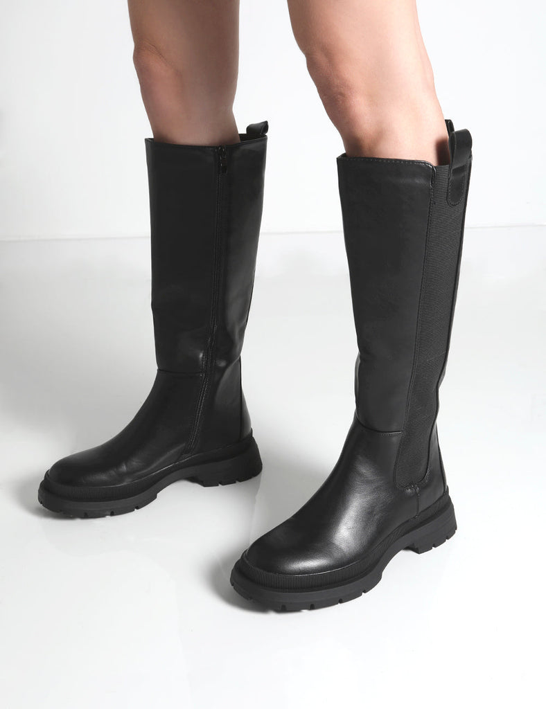 Balya Black Pu Pointed Toe Knee High Boots | Public Desire