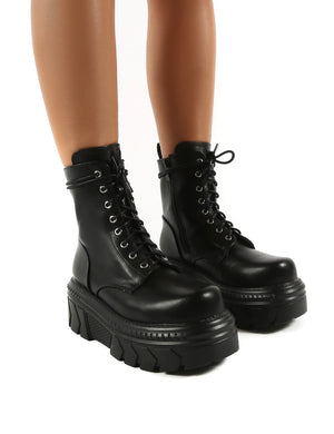 Capture Black Extreme Chunky Platform Sole Ankle Lace Up Boots