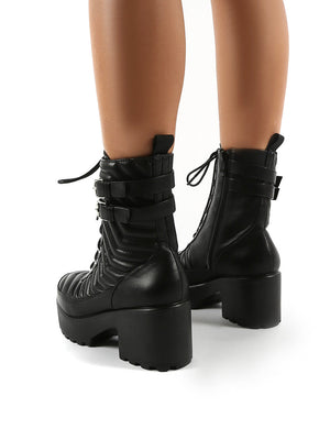 Carbon Black Lace Up Platorm Sole Block Heeled Ankle Boots