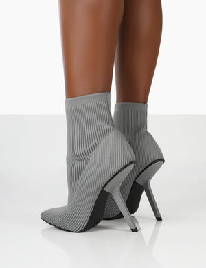 Chantelle Grey Pointed Toe Stiletto Heel Sock Boots