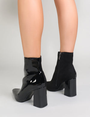 Chaos Contrast Pointed Toe Ankle Boots in Black Patent and Faux Suede