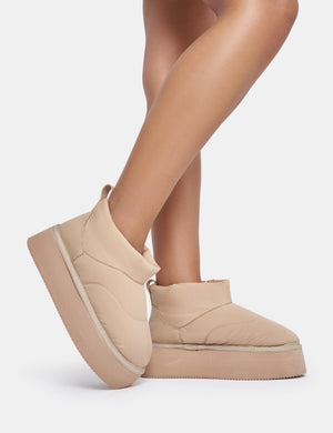 Chill Out Beige Nylon Puffer Ultra Mini Ankle Platform Boots