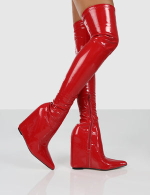 Clarissa Red Over The Knee Wedge Boots | Public Desire
