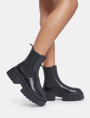 Colt Black Pu Chunky Sole Rounded Toe Elasticated Ankle Boots