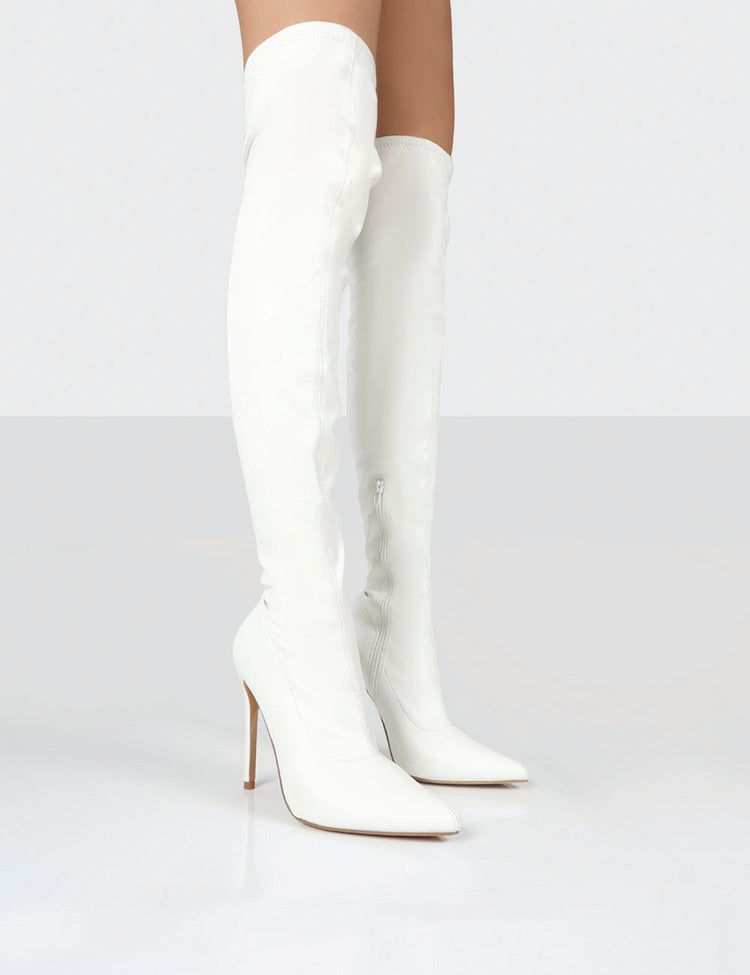 Confidence White Patent Heeled Over The Knee PU Boot | Public Desire