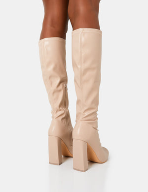 Christina Nude Pu Pointed Toe Block Heel Knee High Boots