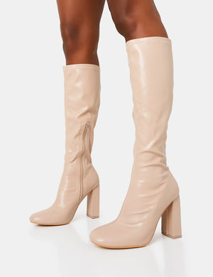 Christina Wide Fit Nude Pu Pointed Toe Block Heel Knee High Boots