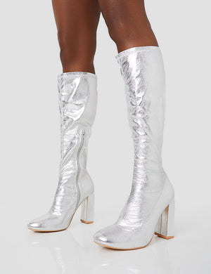 Christina Silver Grain Pointed Toe Block Heel Knee High Boots