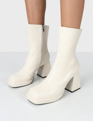 Clover Ecru Pu Chunky Heel Ankle Boots