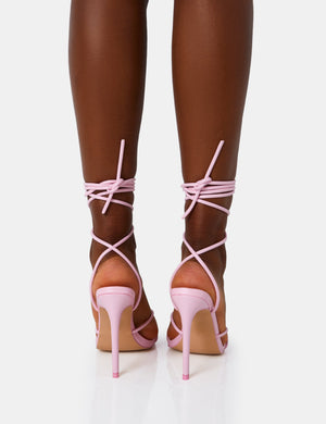 Dax Baby Pink Pu Barely There Lace Up Square Toe Stiletto Heels