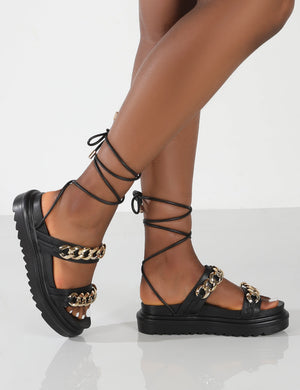 Dizzi Black PU Chunky Chain Detail Lace Up Sandals