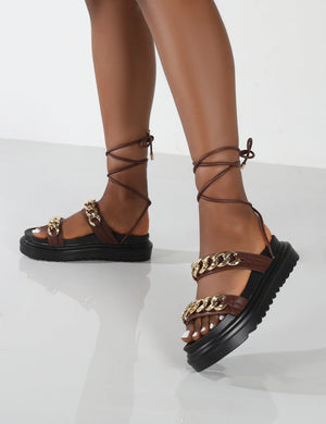 Dizzi Brown PU Chunky Chain Detail Lace Up Sandals