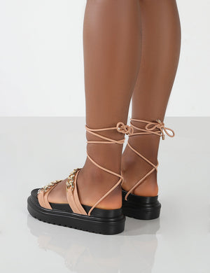 Dizzi Nude PU Chunky Chain Detail Lace Up Sandals