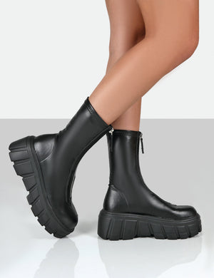 Domino Black PU Chunky Sole Ankle Boots