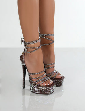 Dulce Chocolate PU Plaform Square Toe Diamante Ankle Tie Heels
