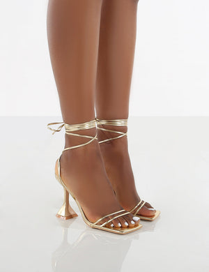 Dymond Gold Metallic Lace Up Square Toe Cake Stand Heels