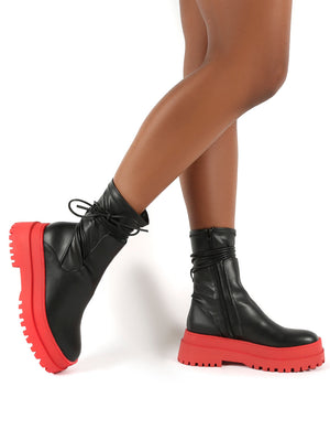 Finale Black Pu Red Chunky Sole Ankle Wrap Boots