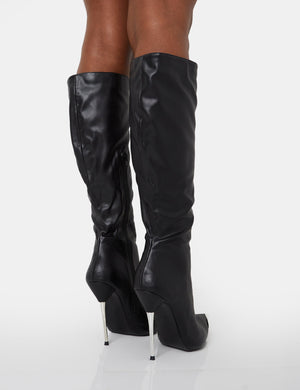Finery Black Pu Metal Toe Capped Zip Up Knee High Stiletto Boots