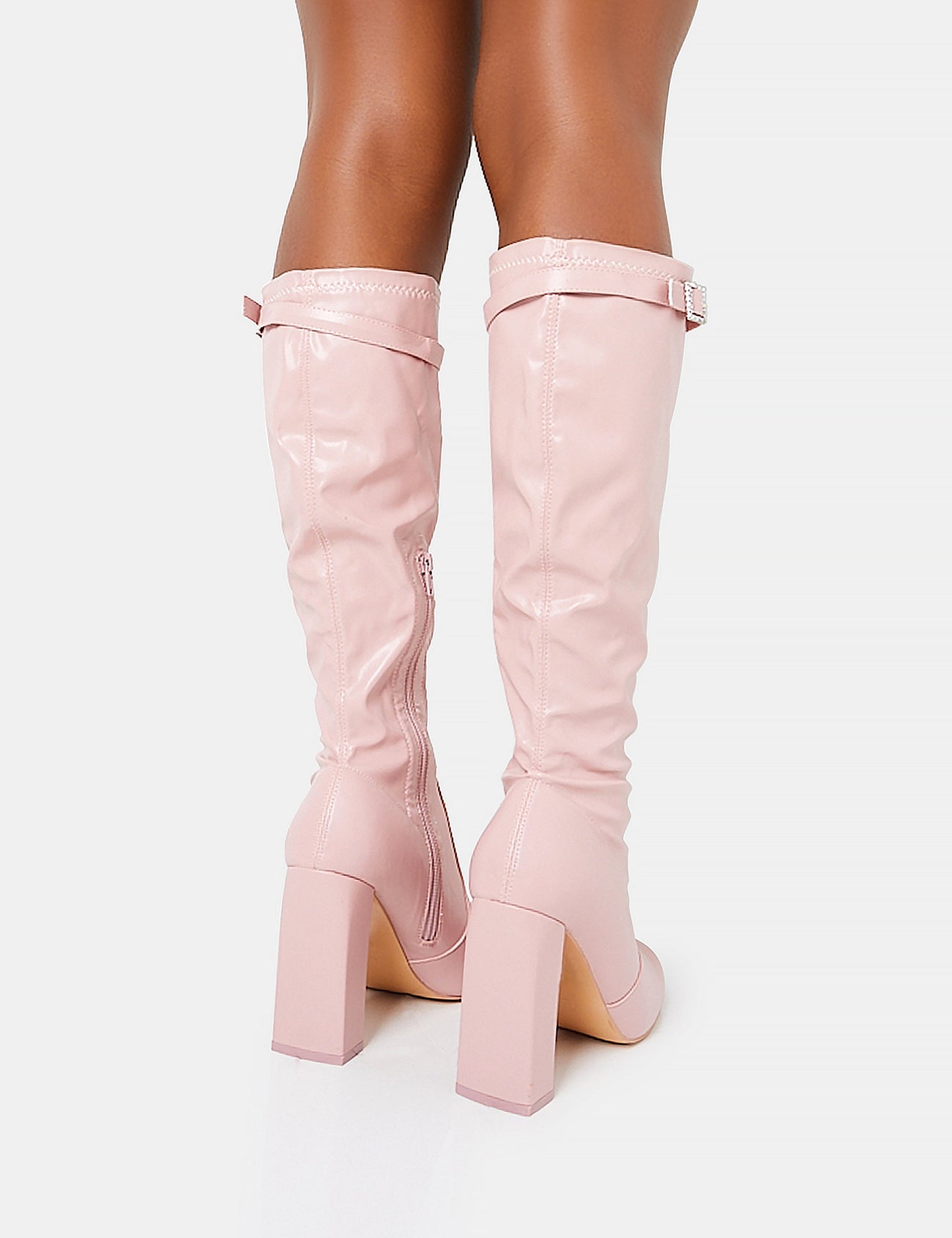 First Class Dusty Pink Pu Diamante Buckle Strap Detail Rounded Toe Knee High Block Heeled Boots 6627