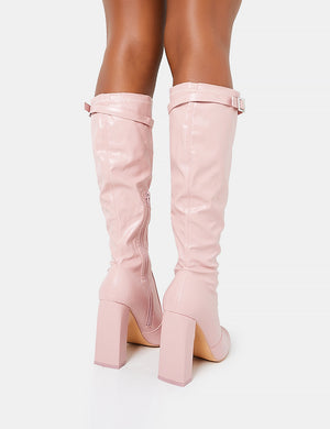 First Class Dusty Pink Buckle Strap Knee High Block Heeled Boots