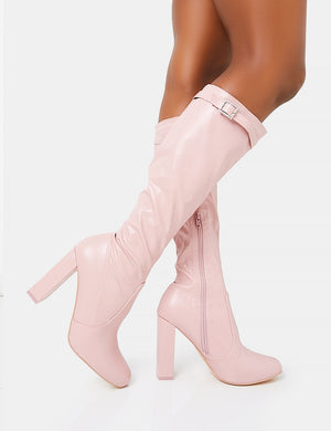 First Class Dusty Pink Buckle Strap Knee High Block Heeled Boots