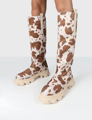 Amber x Public Desire Genius Cow Print Knee High Chunky Sole Boot