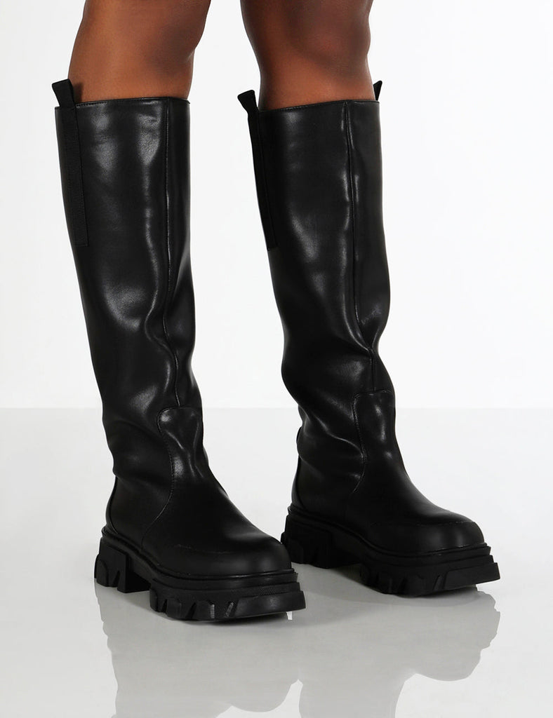 Genius Black Knee High Chunky Sole Boots | Public Desire