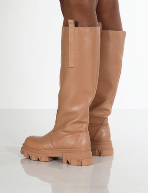 Genius Wide Fit Tan Knee High Chunky Sole Boots