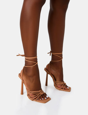 Glow Up Wide Fit Nude PU Knotted Strappy Lace Up Square Toe Stiletto Heels