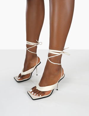 Grand White Toe Thong Front Square Toe Lace Up Stiletto Heels