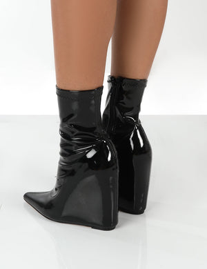 Getaway Black Patent Wedge Ankle Boots