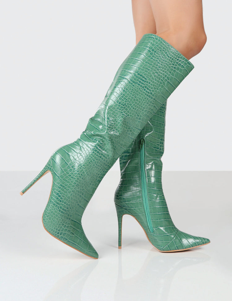 Horizon Green Croc PU Knee High Boots | Public Desire