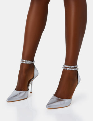 Hypnotize Silver Grain Stud Detail Strappy Stiletto Court Heels