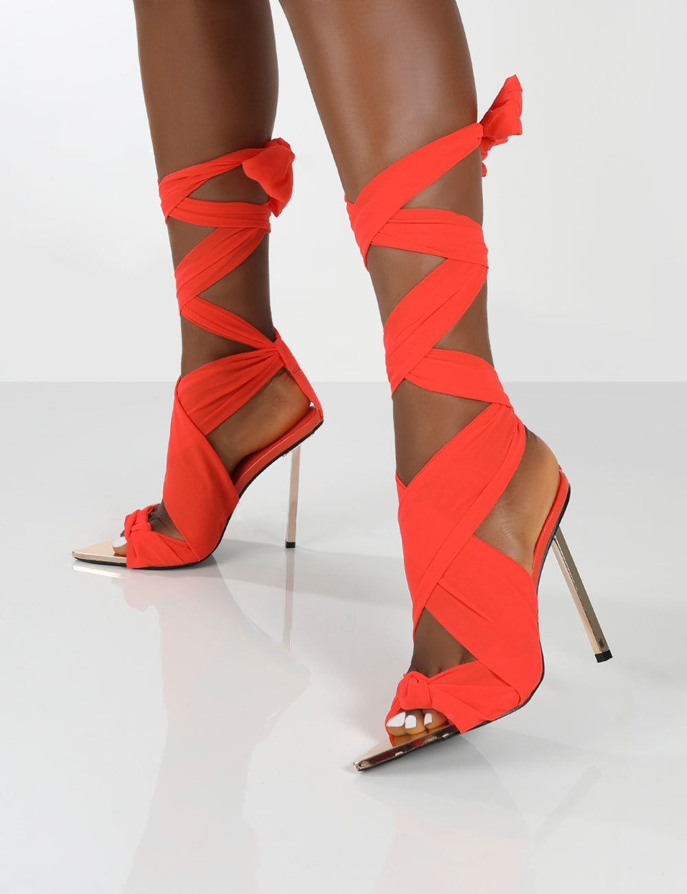Huni Red Ribbon Tie Up Gold Stiletto Heels | Public Desire