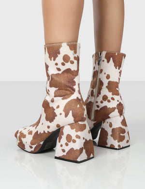 Imagine Brown Cow Print Chunky Heel Ankle Boots