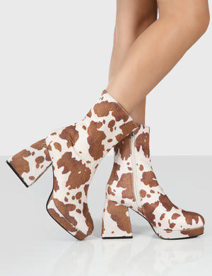 Imagine Brown Cow Print Chunky Heel Ankle Boots